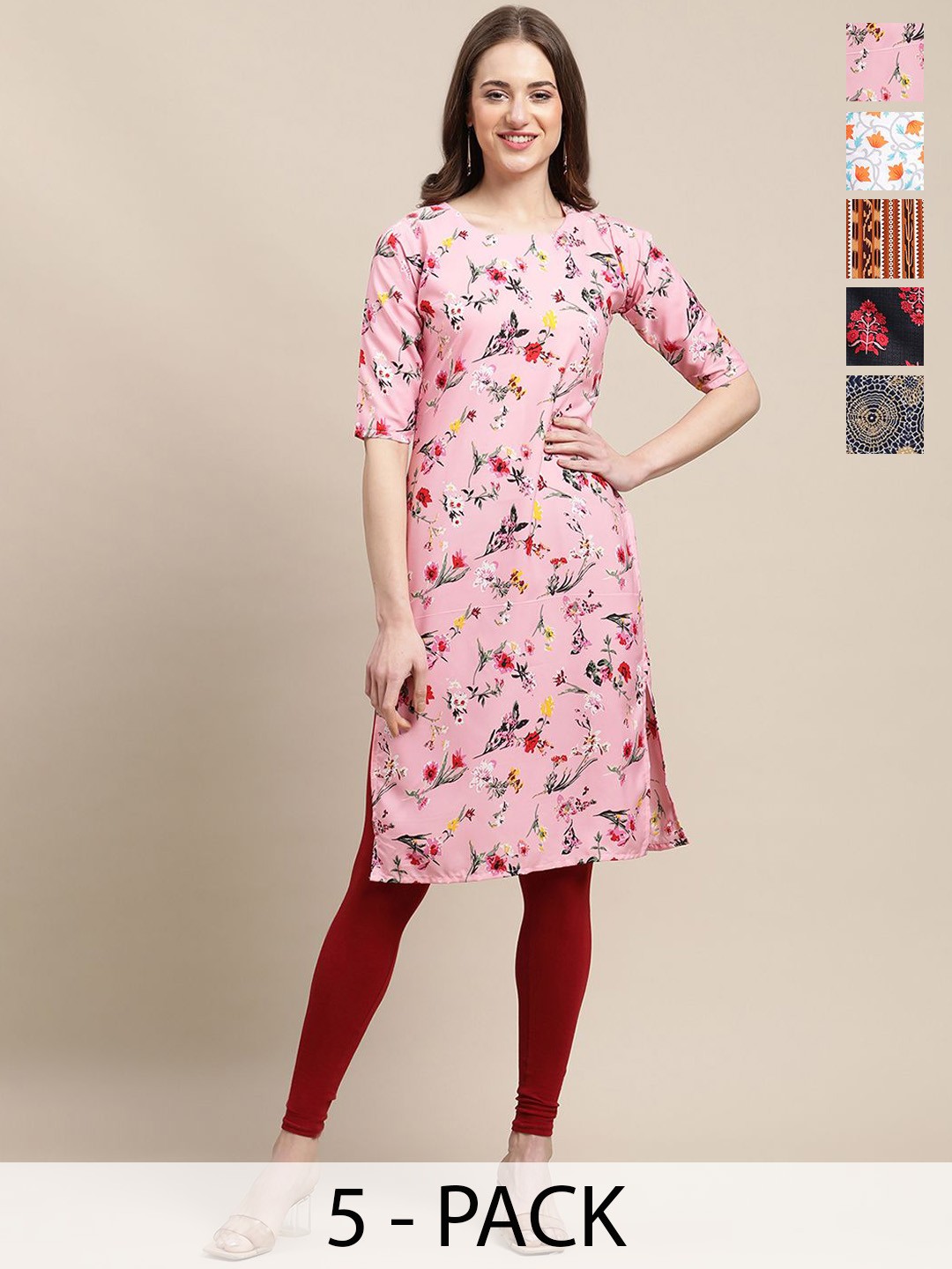 

7Threads Selection Of 5 Floral Printed Straight Kurta, Pink