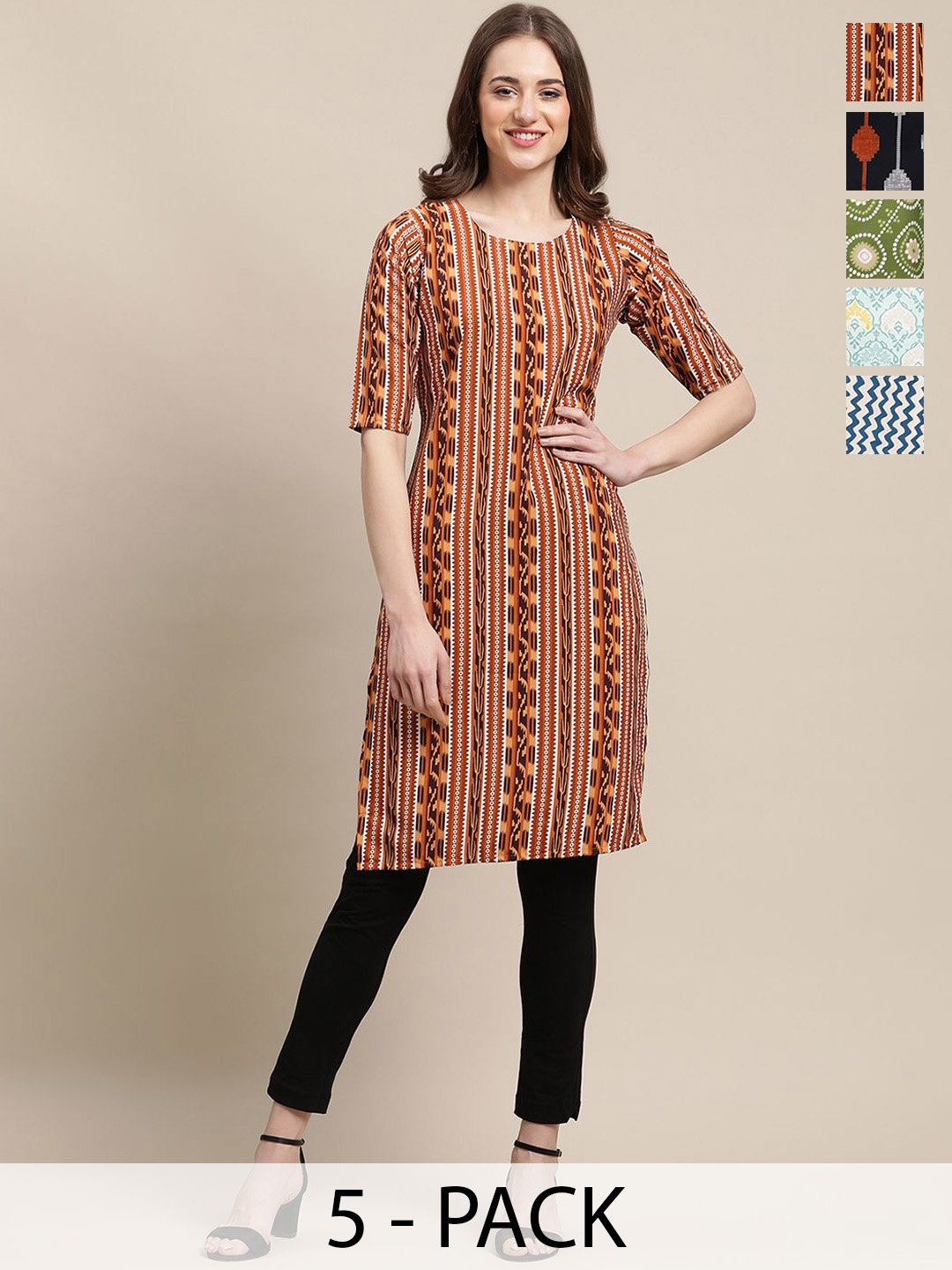 

7Threads Selection Of 5 Geometrical Print Straight Kurtas, Orange