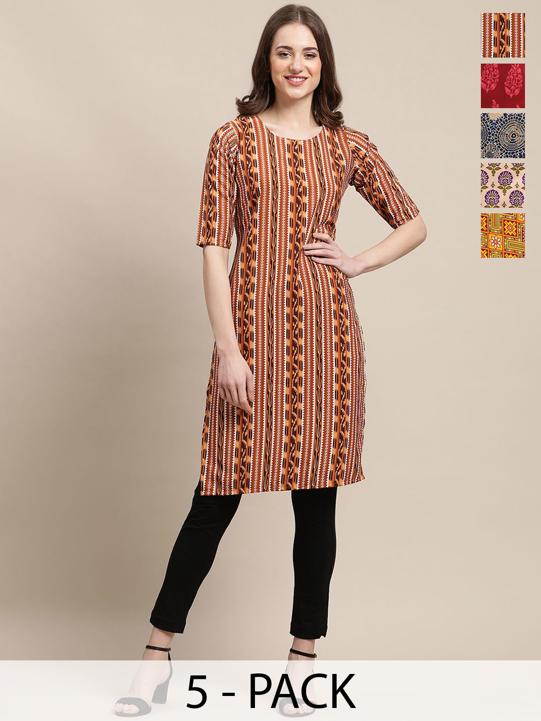

7Threads Selection Of 5 Ethnic Motifs Printed Kurtas, Brown