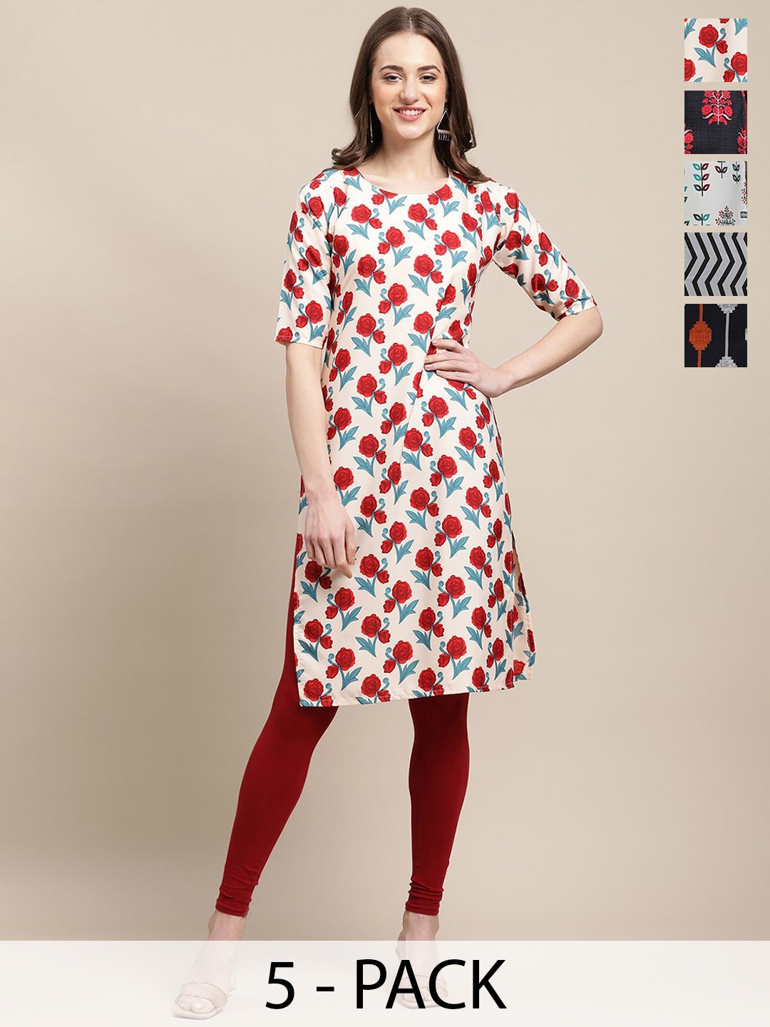 

7Threads Selection Of 5 Floral Printed Straight Kurta, White