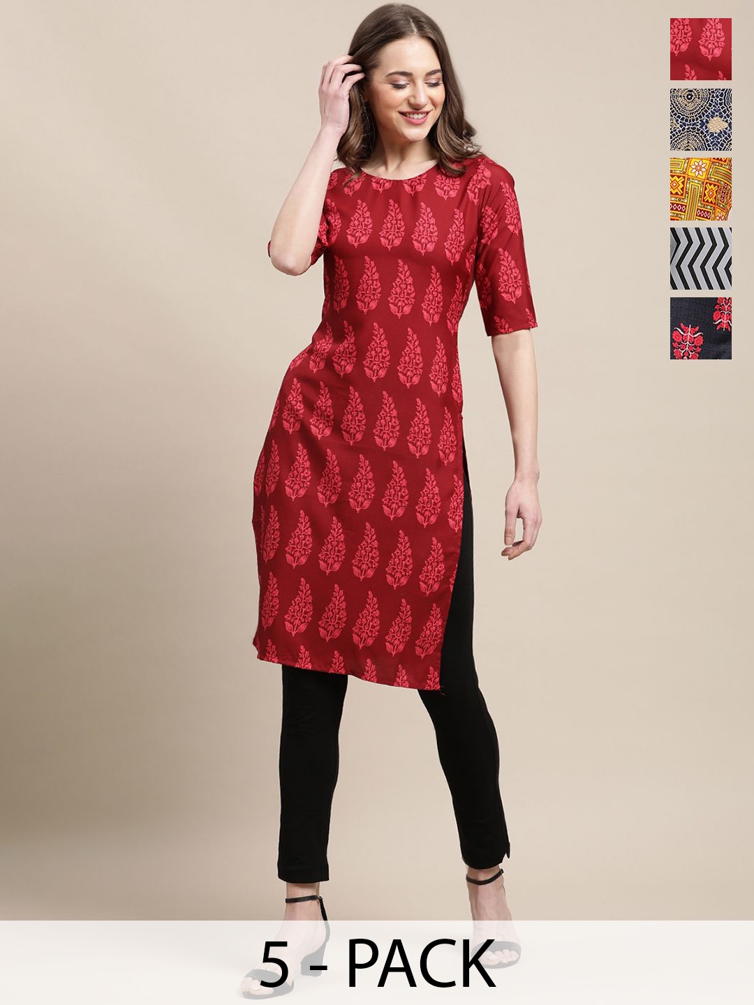 

7Threads Pack of 5 Floral Printed Round Neck Kurtas, Red