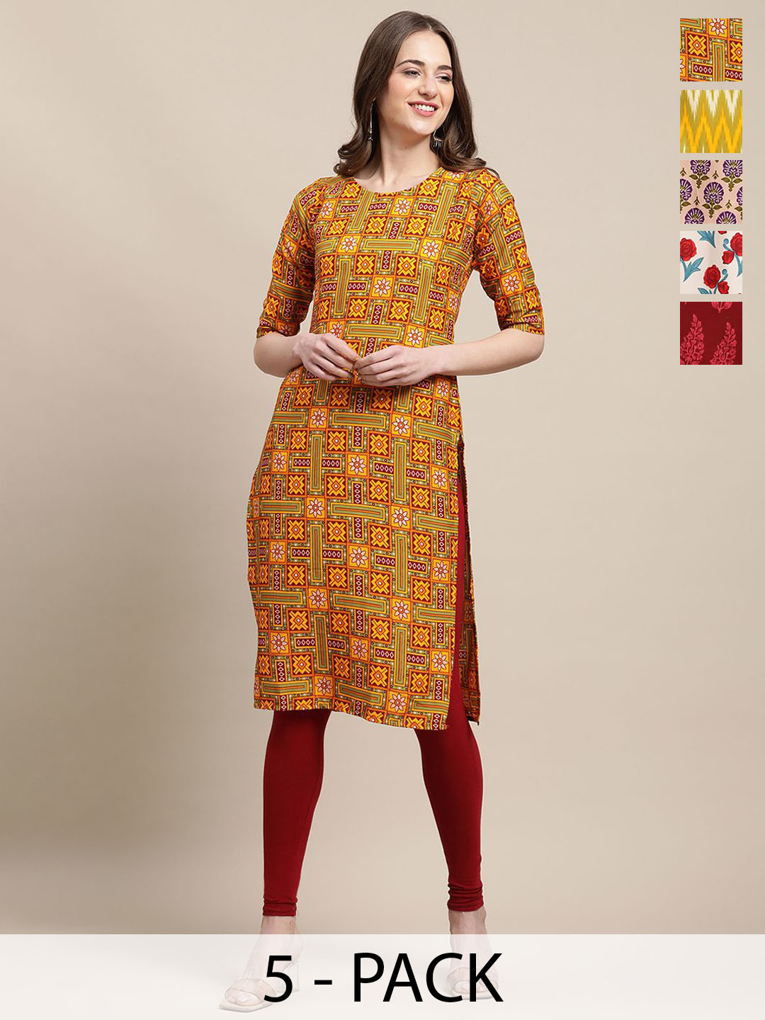 

7Threads Selection of 5 Ethnic Motifs Printed Round Neck Crepe Straight Kurtas, Yellow