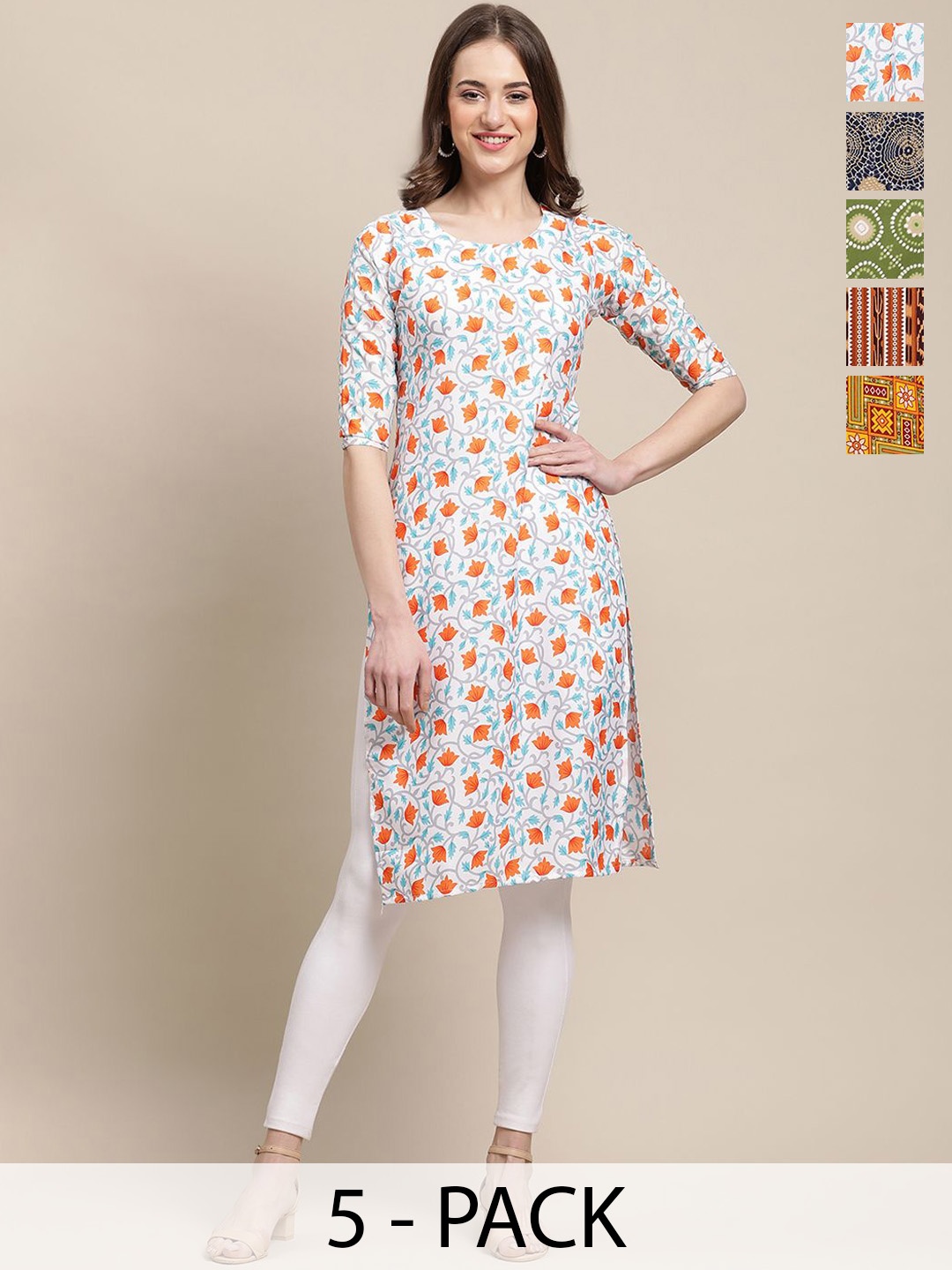 

7Threads Selection Of 5 Ethnic Motifs Printed Straight Crepe Kurta, Blue