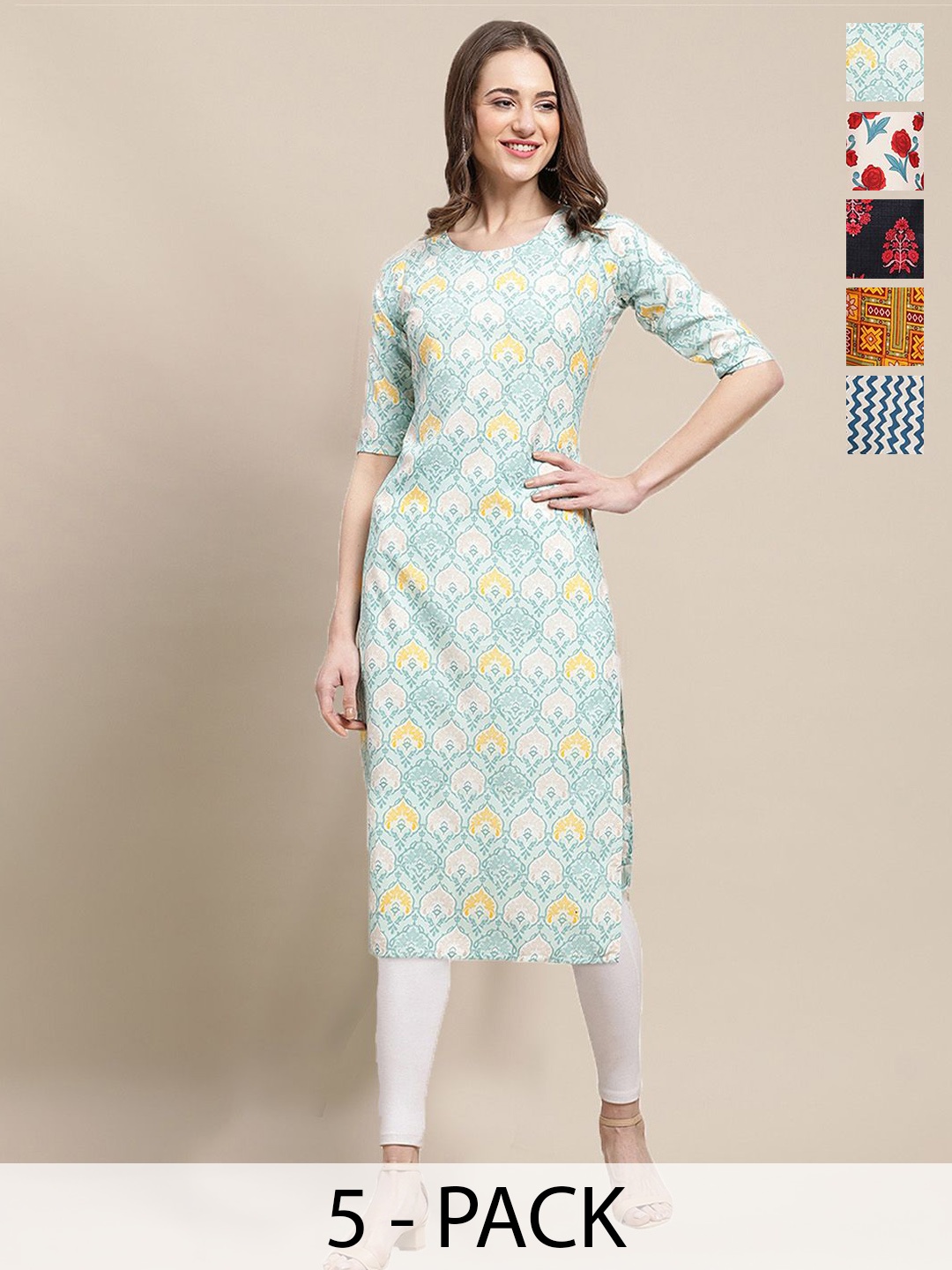 

7Threads Selection Of 5 Ethnic Motifs Printed Straight Kurtas, White