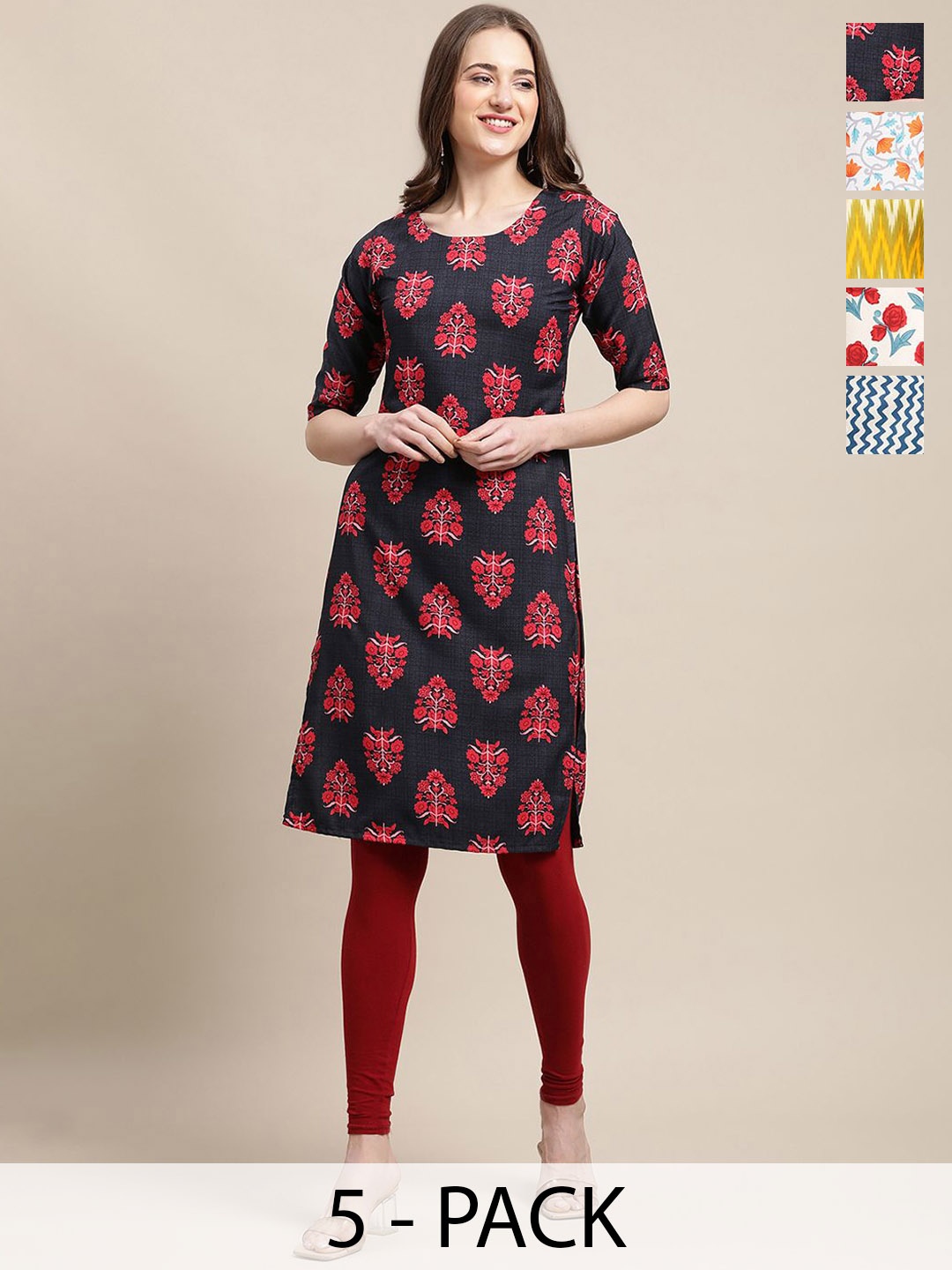 

7Threads Selection Of 5 Floral Printed Round Neck Kurtas, Black