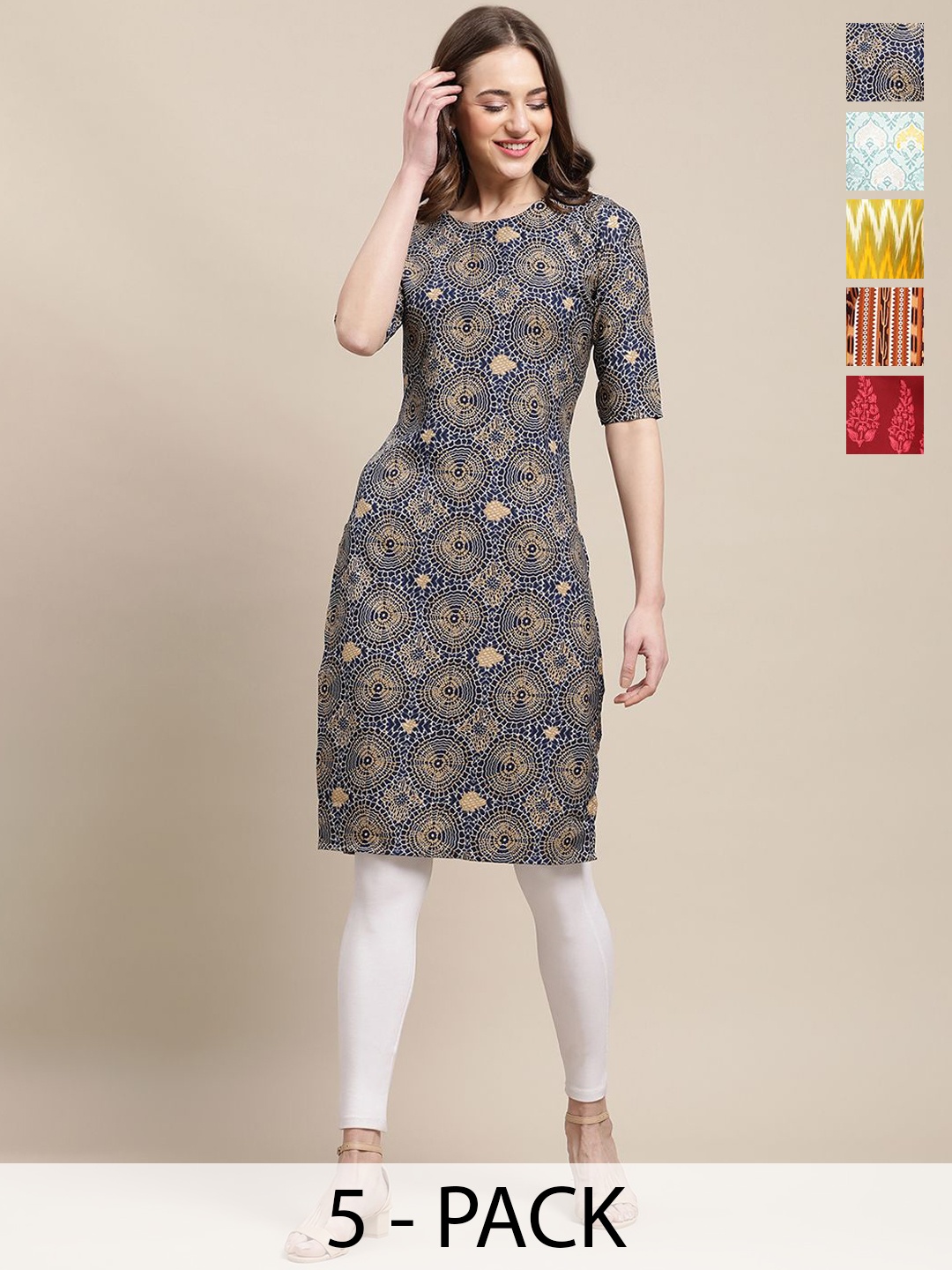 

7Threads Selection Of 5 Geometric Printed Round Neck Straight Kurta, Blue