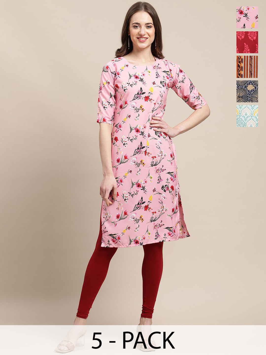 

7Threads Selections Of 5 Ethnic Motifs Printed Straight Kurtas, Pink