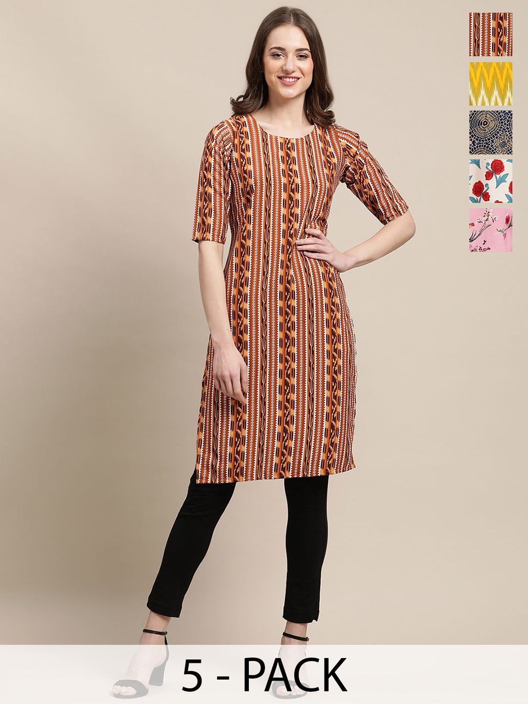 

7Threads Selection Of 5 Ethnic Motifs & Floral Printed Crepe Straight Kurtas, Brown