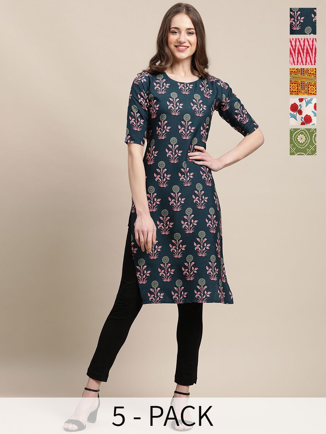 

7Threads Selection Of 5 Floral Printed Round Neck Straight Kurta, Blue