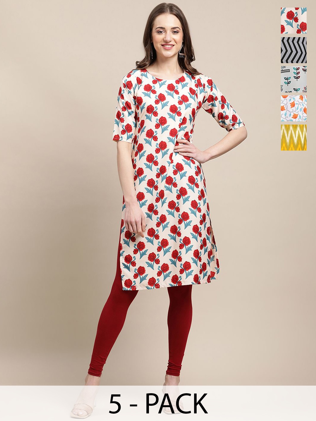 

7Threads Selection Of 5 Ethnic Motifs Printed Straight Crepe Kurta, Red
