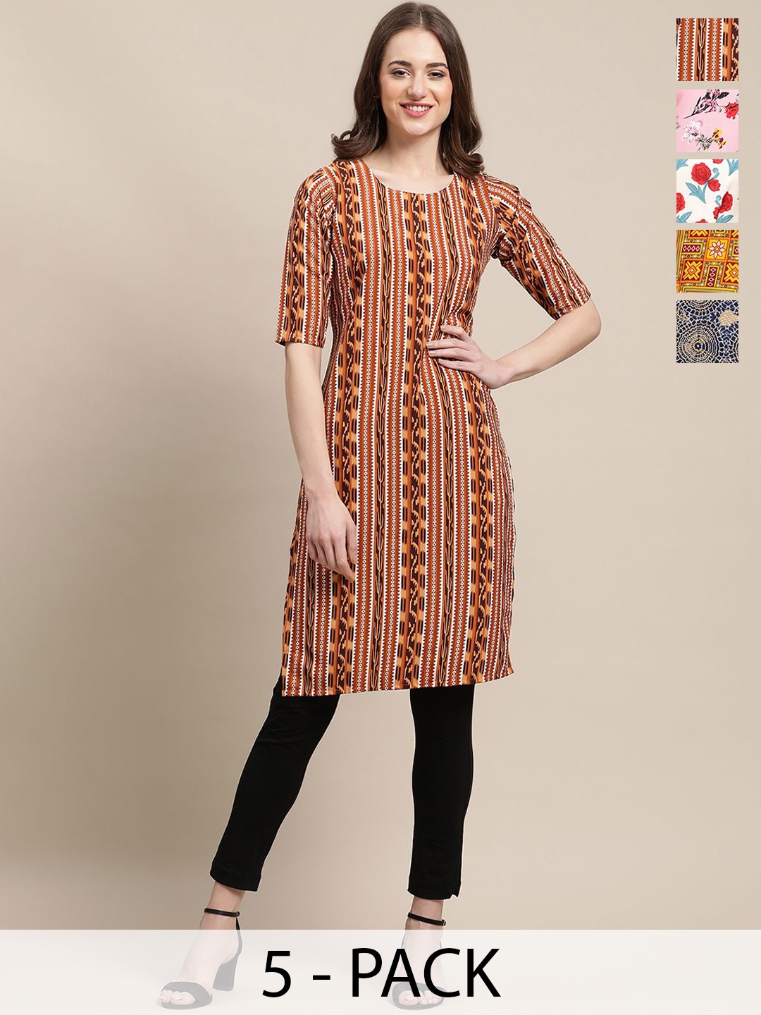 

7Threads Selections Of 5 Ethnic Motifs Printed Straight Kurtas, Brown