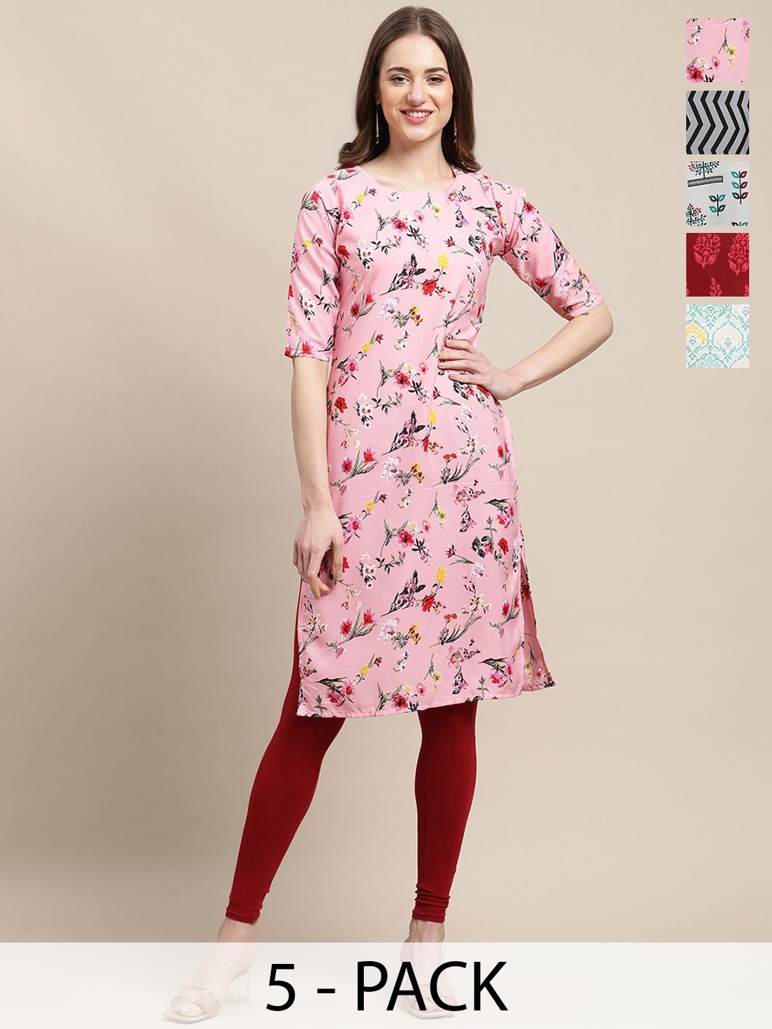 

7Threads Selections Of 5 Floral Printed Straight Kurtas, Pink