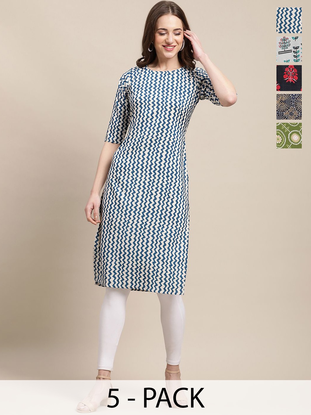 

7Threads Selection Of 5 Chevron Printed Straight Kurta, Blue