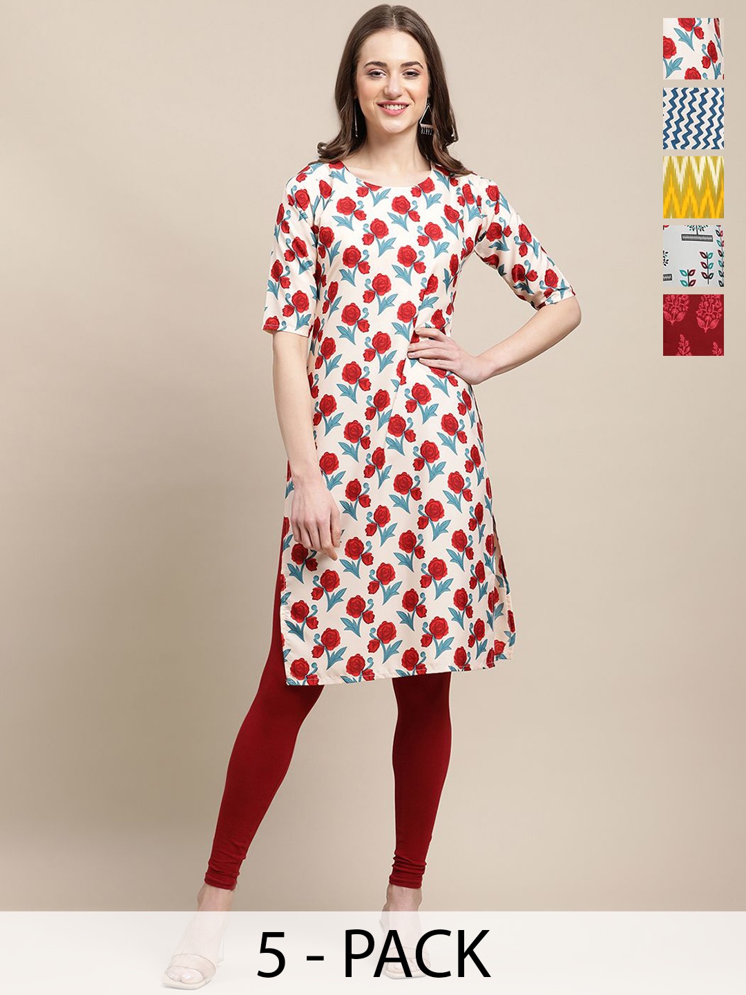 

7Threads Selection of 5 Floral Printed Straight Kurtas, Red