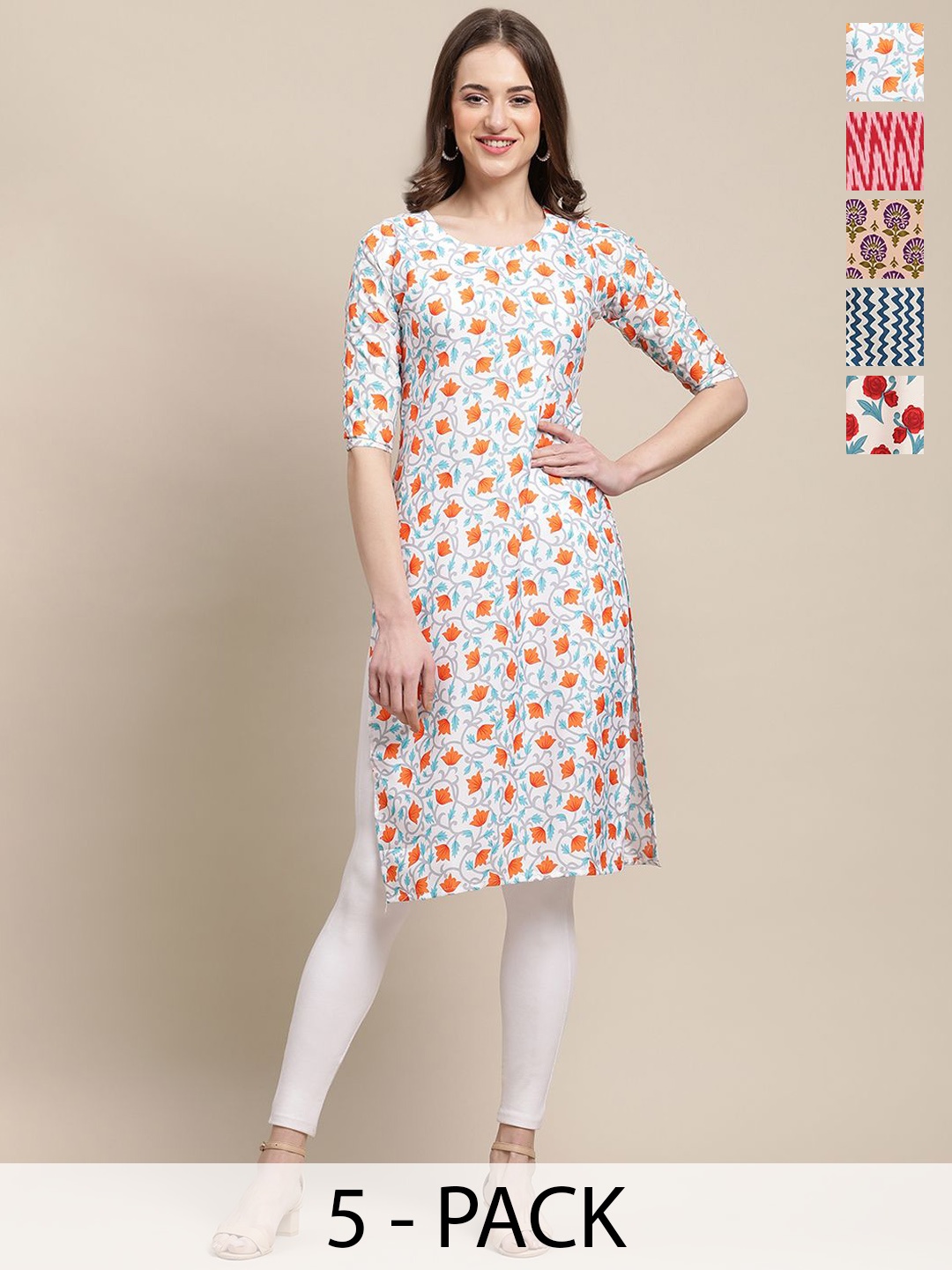 

7Threads Selection Of 5 Ethnic Motifs Printed Kurta's, Orange