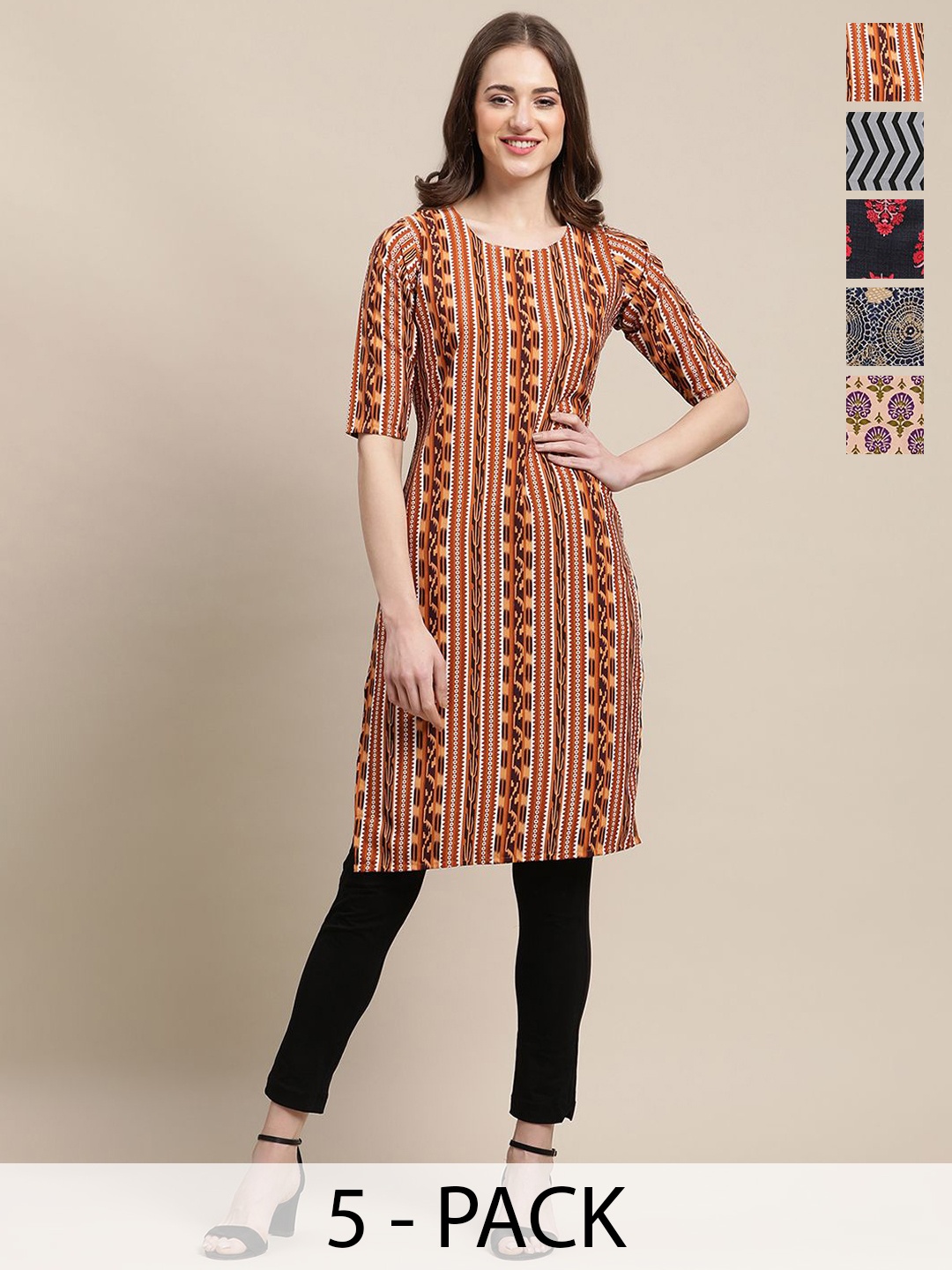 

7Threads Selection of 5 Ethnic Motifs Printed Round Neck Crepe Straight Kurtas, Brown