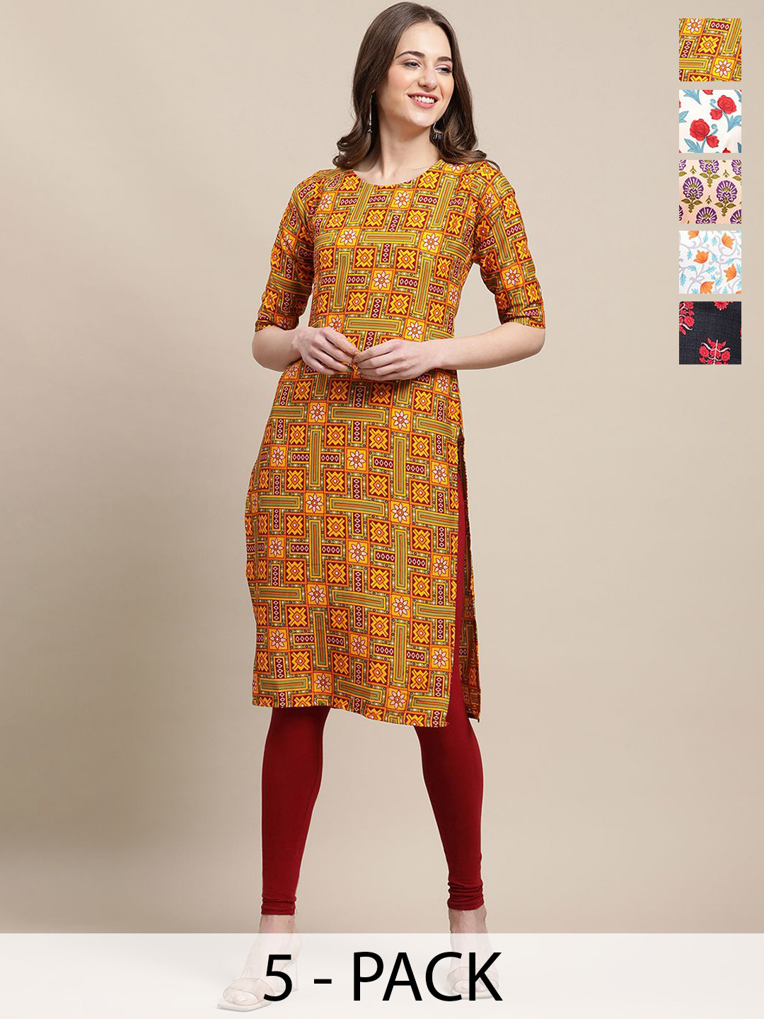 

7Threads Selection Of 5 Floral Printed Round Neck Straight Kurta, Mustard