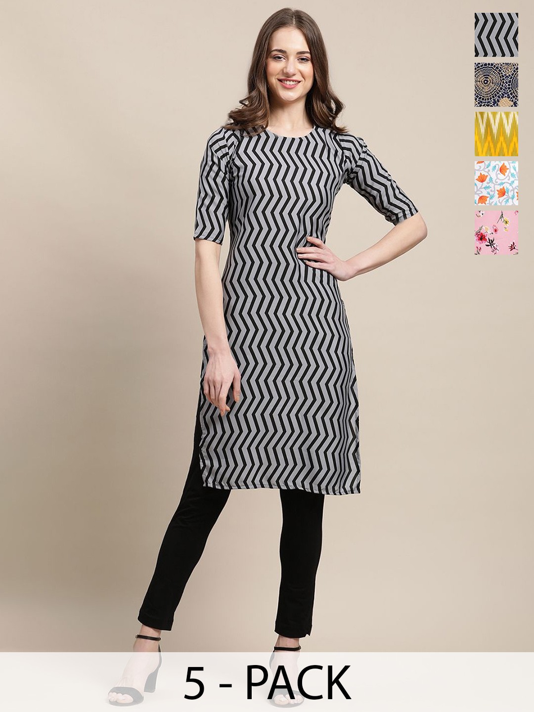 

7Threads Selection Of 5 Chevron Printed Straight Kurta, Grey