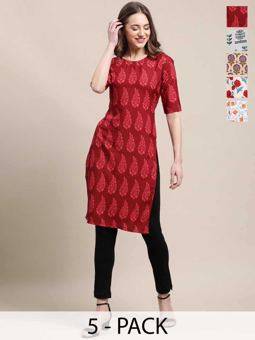 

7Threads Selection Of 5 Ethnic Motifs Printed Round Neck Straight Crepe Kurtas, Red