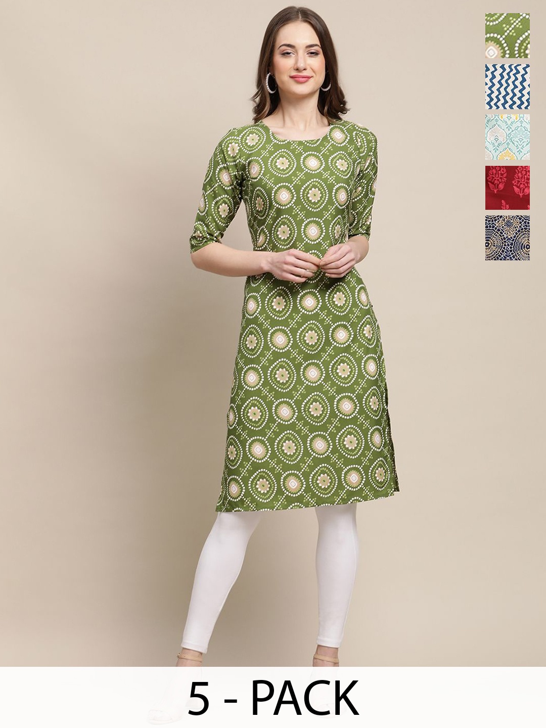

7Threads Selection Of 5 Ethnic Motifs Printed Round Neck Regular Sleeves Straight Kurtas, Green