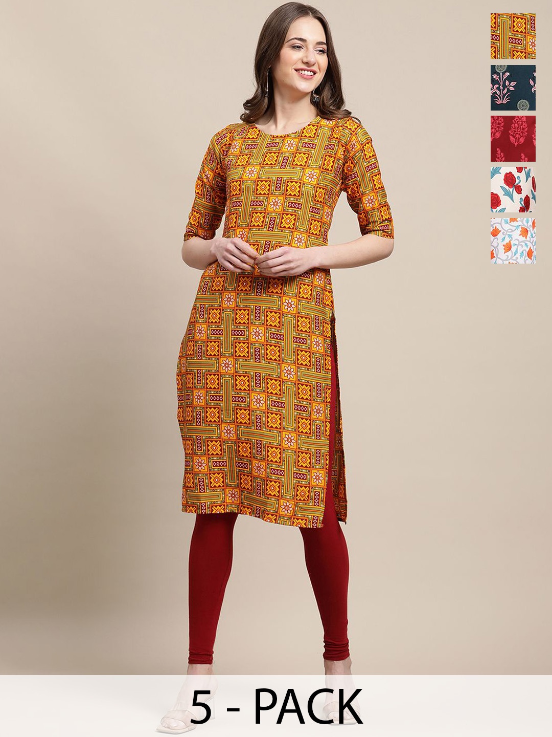 

7Threads Selection Of 4 Ethnic Motifs Printed Straight Kurtas, Yellow