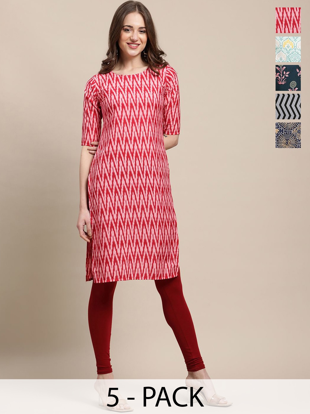 

7Threads Selection Of 5 Chevron Printed Round Neck Straight Kurtas, Red