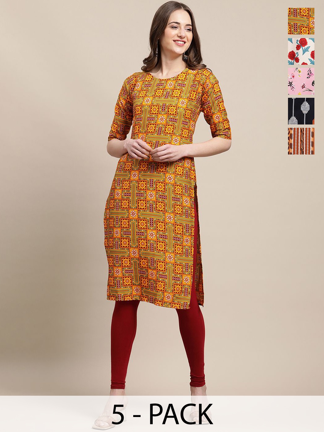 

7Threads Selections Of 5 Ethnic Motifs Printed Straight Kurtas, Brown