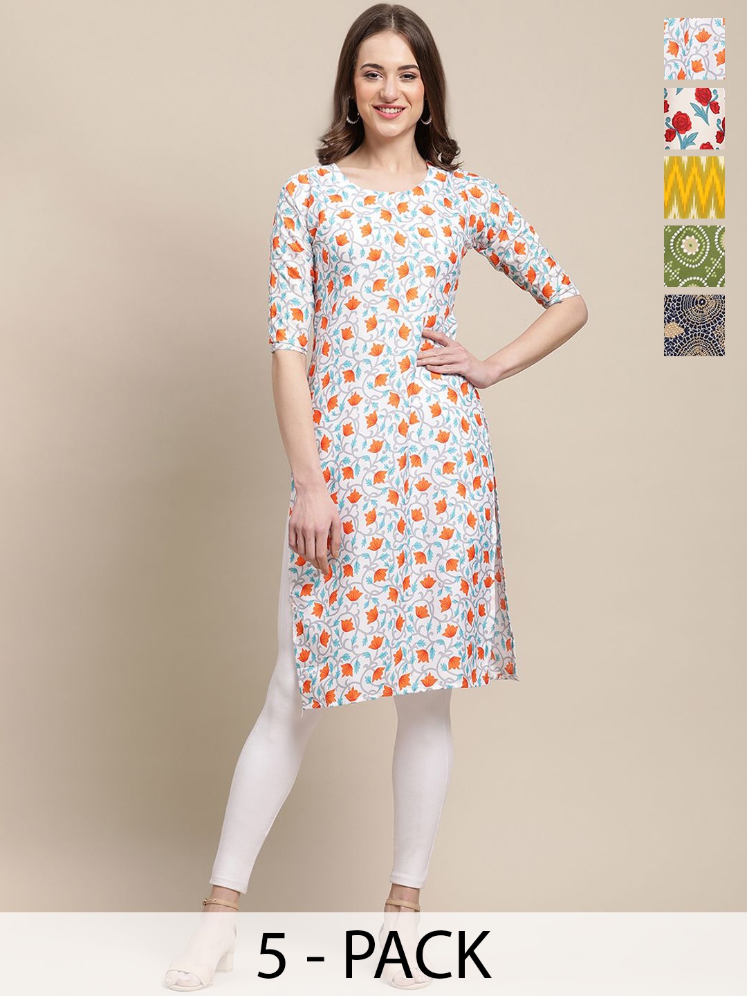 

7Threads Selection Of 5 Floral Printed Round Neck Straight Crepe Kurtas, White