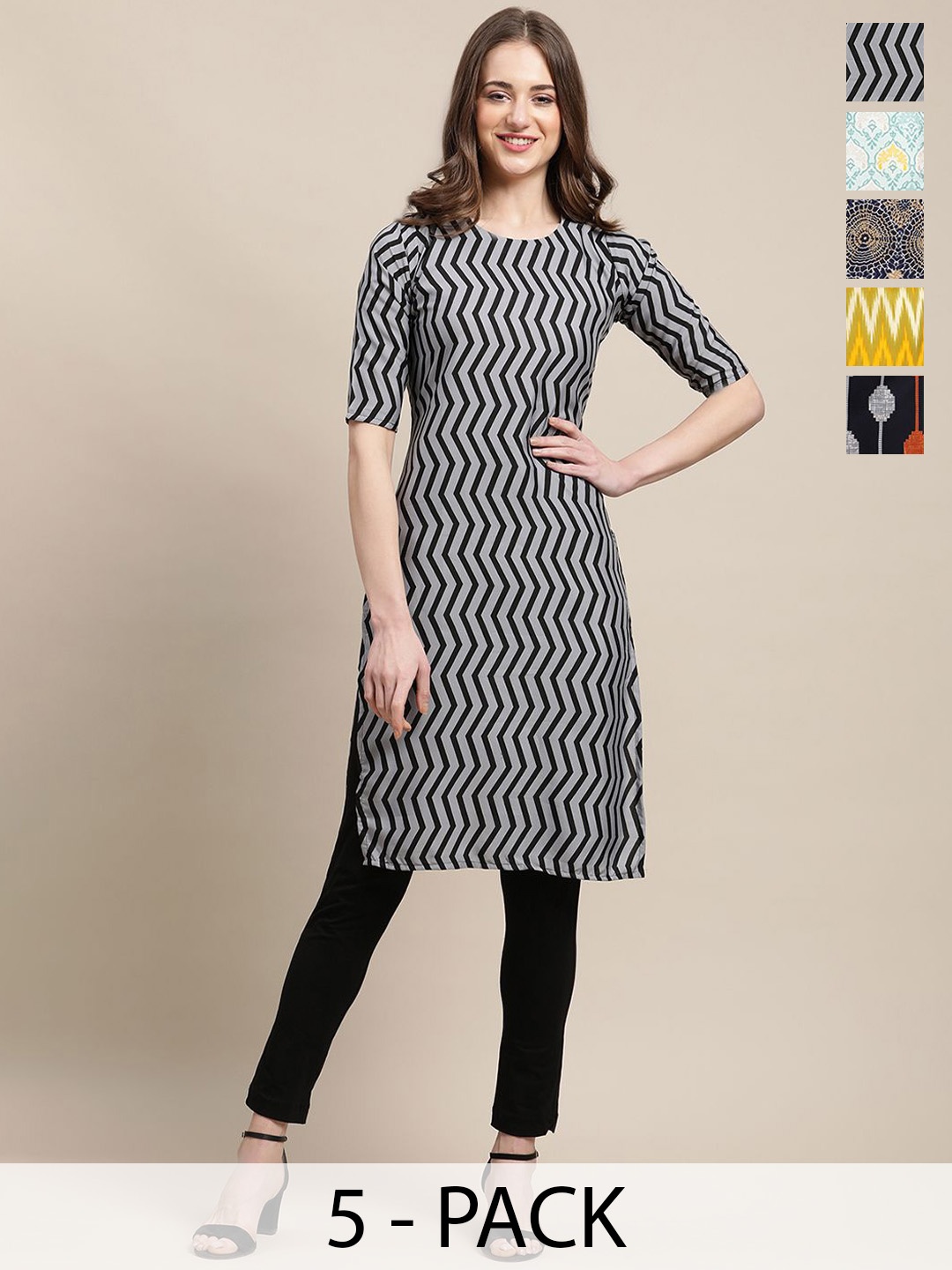 

7Threads Selection Of 5 Chevron Printed Round Neck Crepe Straight Kurta, Grey