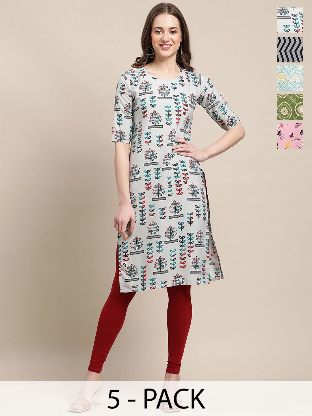 

7Threads Selection Of 5 Ethnic Motifs & Floral Printed Crepe Straight Kurtas, Grey
