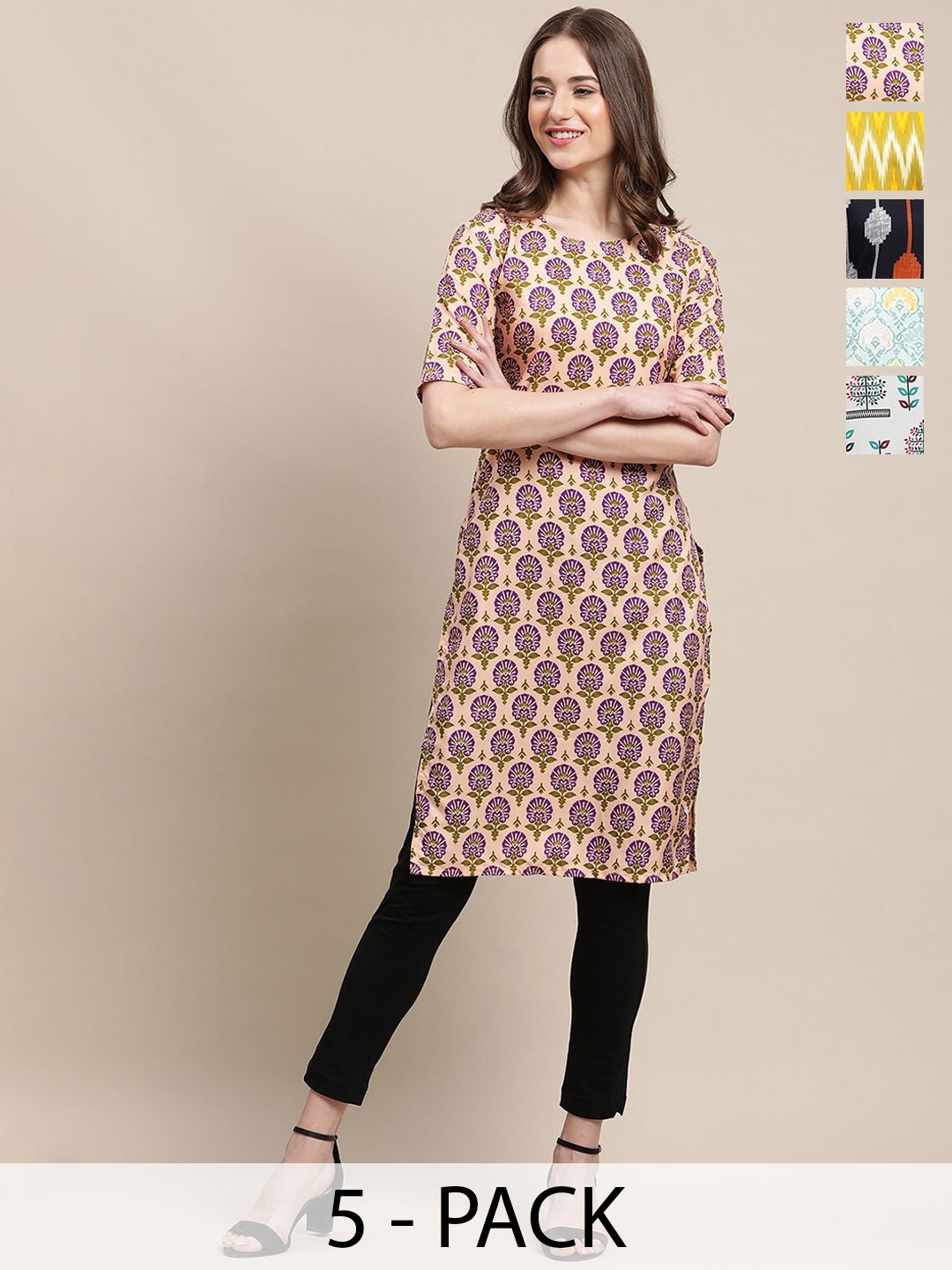 

7Threads Selection Of 5 Floral Printed Round Neck Kurtas, Beige