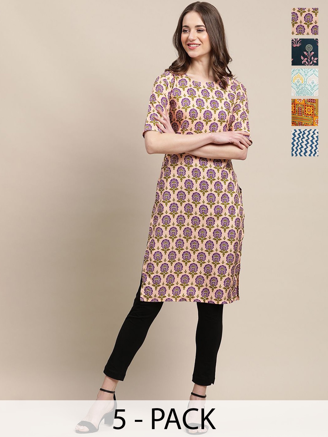 

7Threads Selection Of 5 Ethnic Motifs Printed Straight Kurtas, Peach