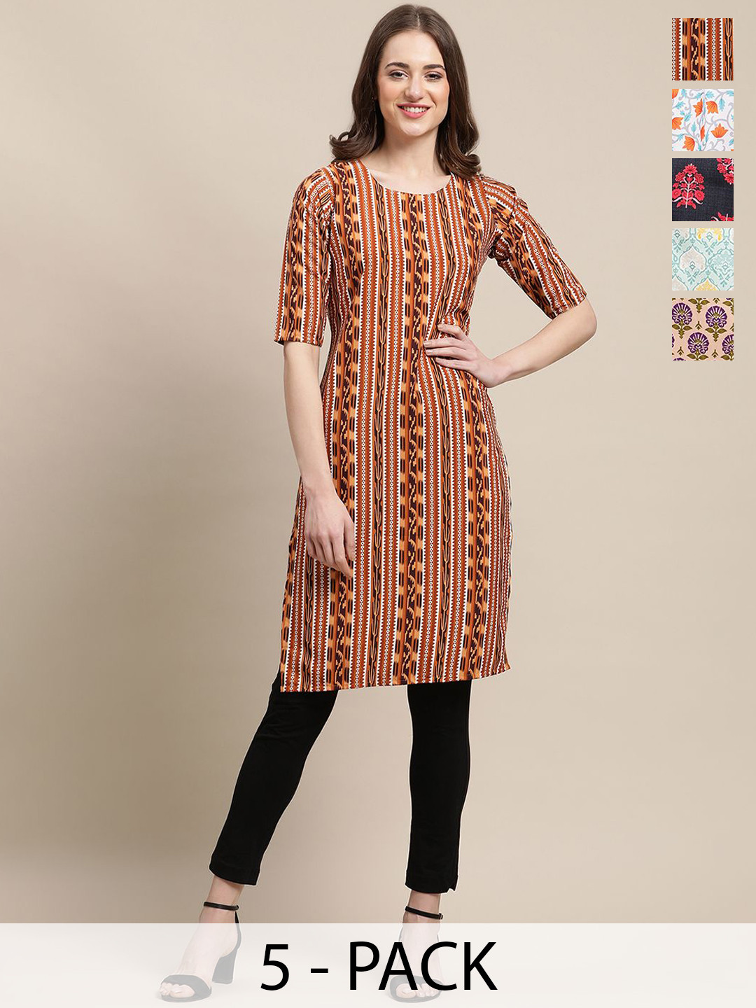 

7Threads Selection Of 5 Ethnic Motifs Printed Straight Kurtas, Black