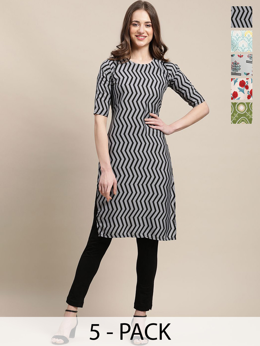 

7Threads Selection of 5 Floral & Geometric Printed Straight Kurtas, Grey