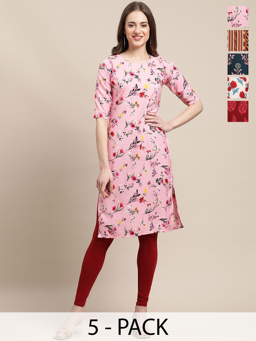 

7Threads Selection Of 5 Ethnic Motifs Printed Round Neck Crepe Straight Kurta, Pink