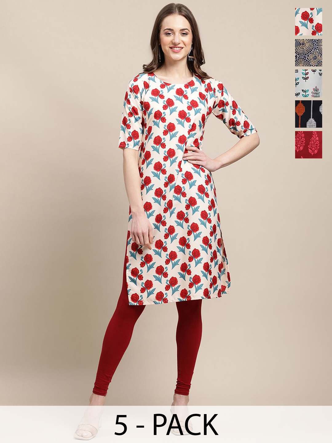 

7Threads Selection Of 5 Chevron Printed Round Neck Crepe Straight Kurta, Black