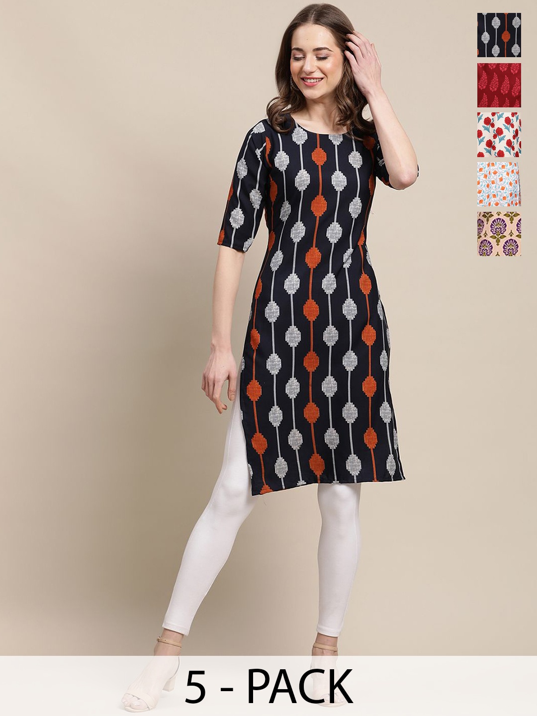

7Threads Selection Of 5 Ethnic Motifs Printed Round Neck Straight Crepe Kurtas, Black