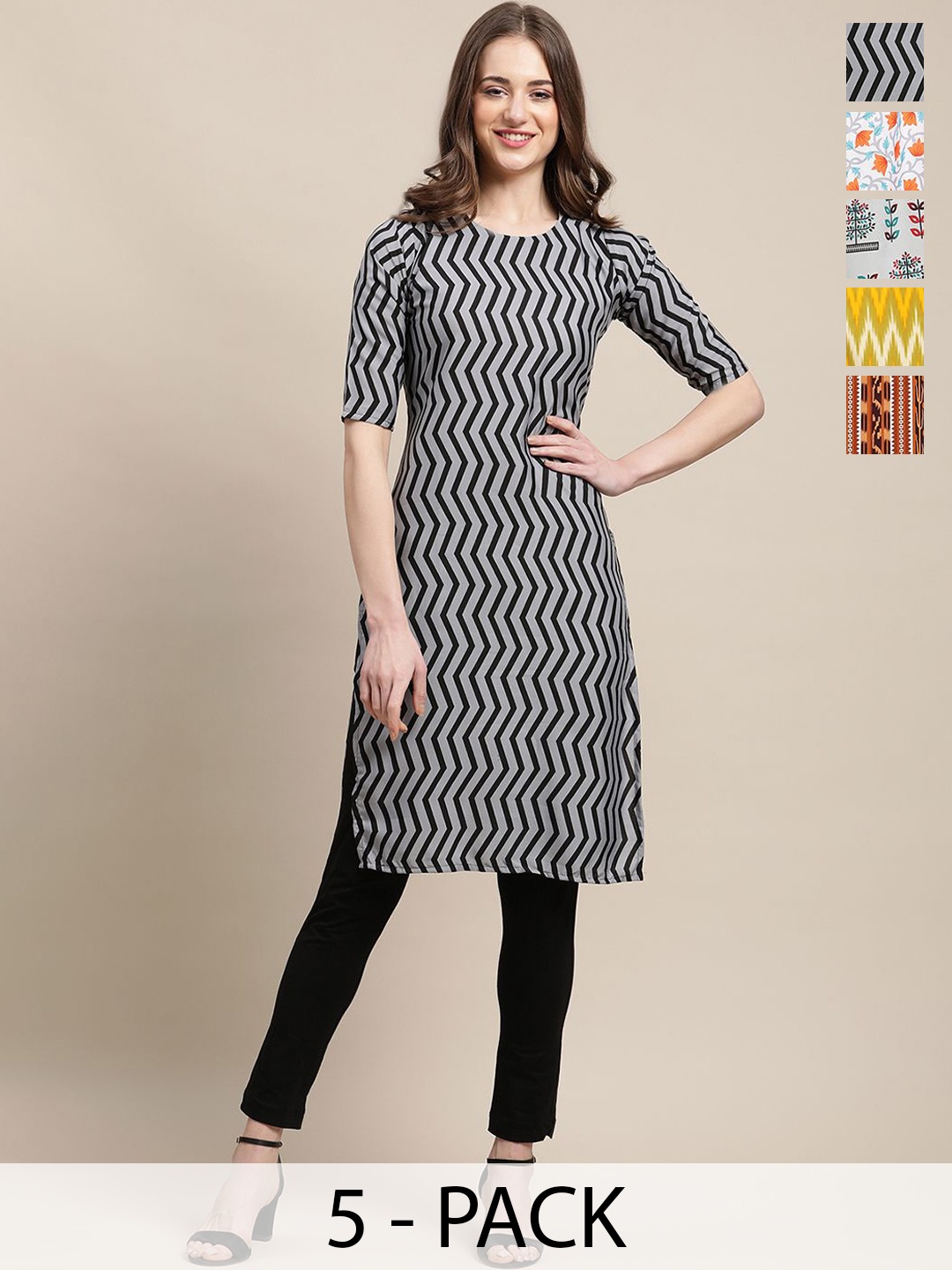 

7Threads Selection Of 5 Chevon Printed Round Neck Straight Crepe Kurtas, Grey