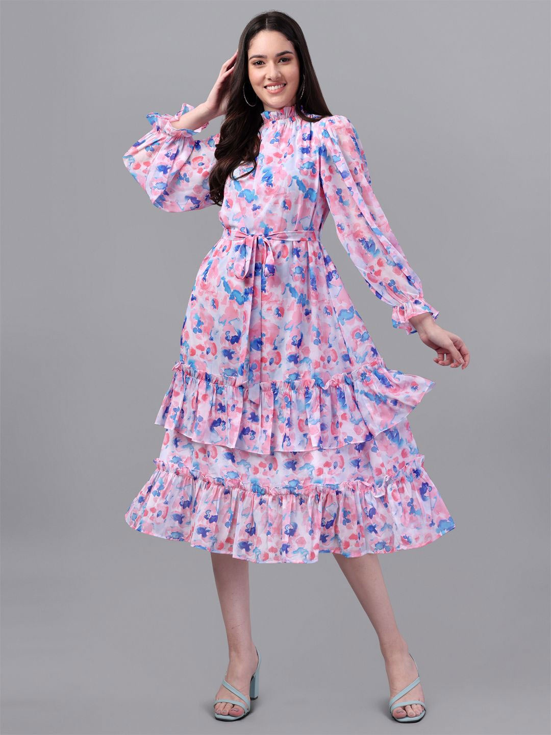 

ANUSHEET Tie and Dye Puff Sleeve Fit & Flare Dress, Blue
