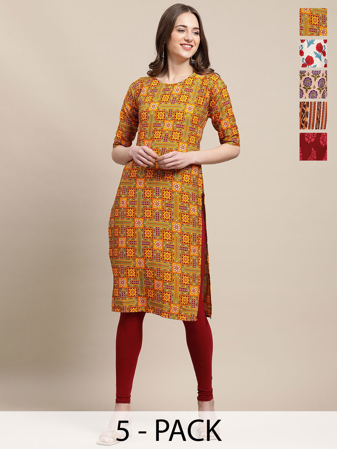 

7Threads Selection Of 5 Ethnic motifs Printed Round Neck Straight Kurta, Orange