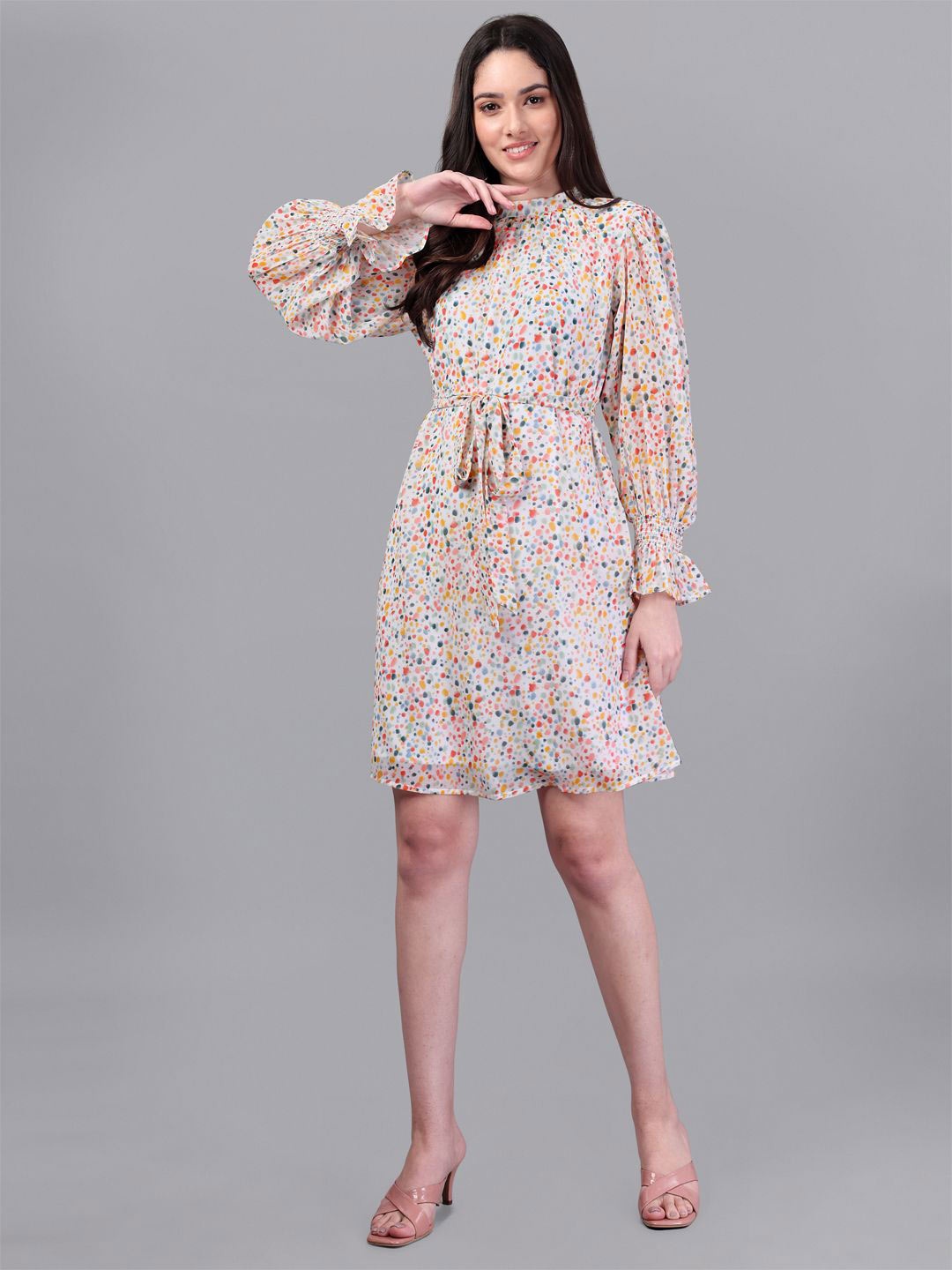 

ANUSHEET Women Print Puff Sleeve Fit & Flare Dress, Cream