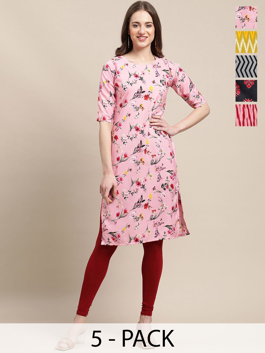 7Threads Selection Of 5 Floral Printed Round Neck Straight Kurtas, Pink