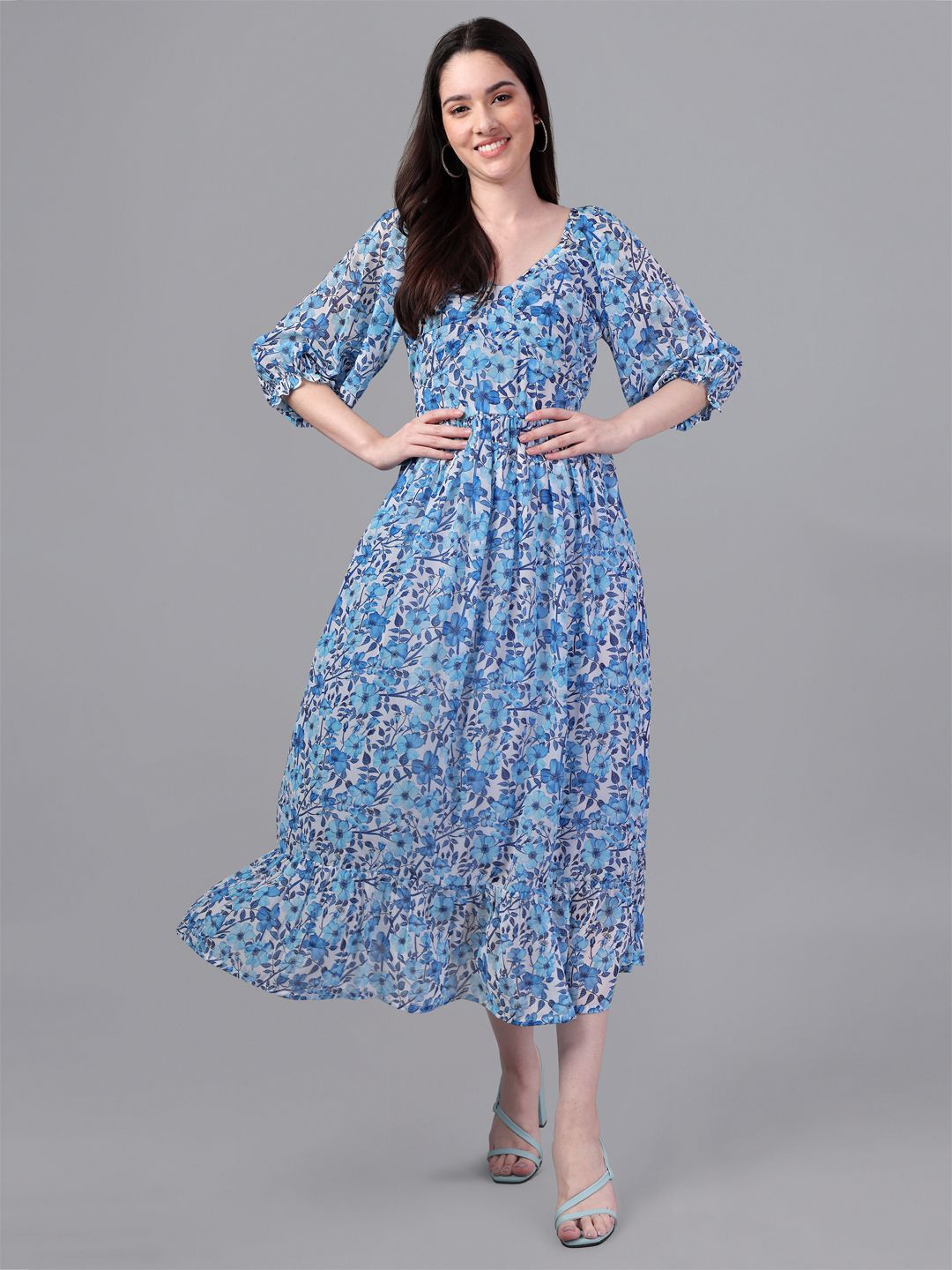 

ANUSHEET Women Floral Printed Fit & Flare Midi Dress, Blue