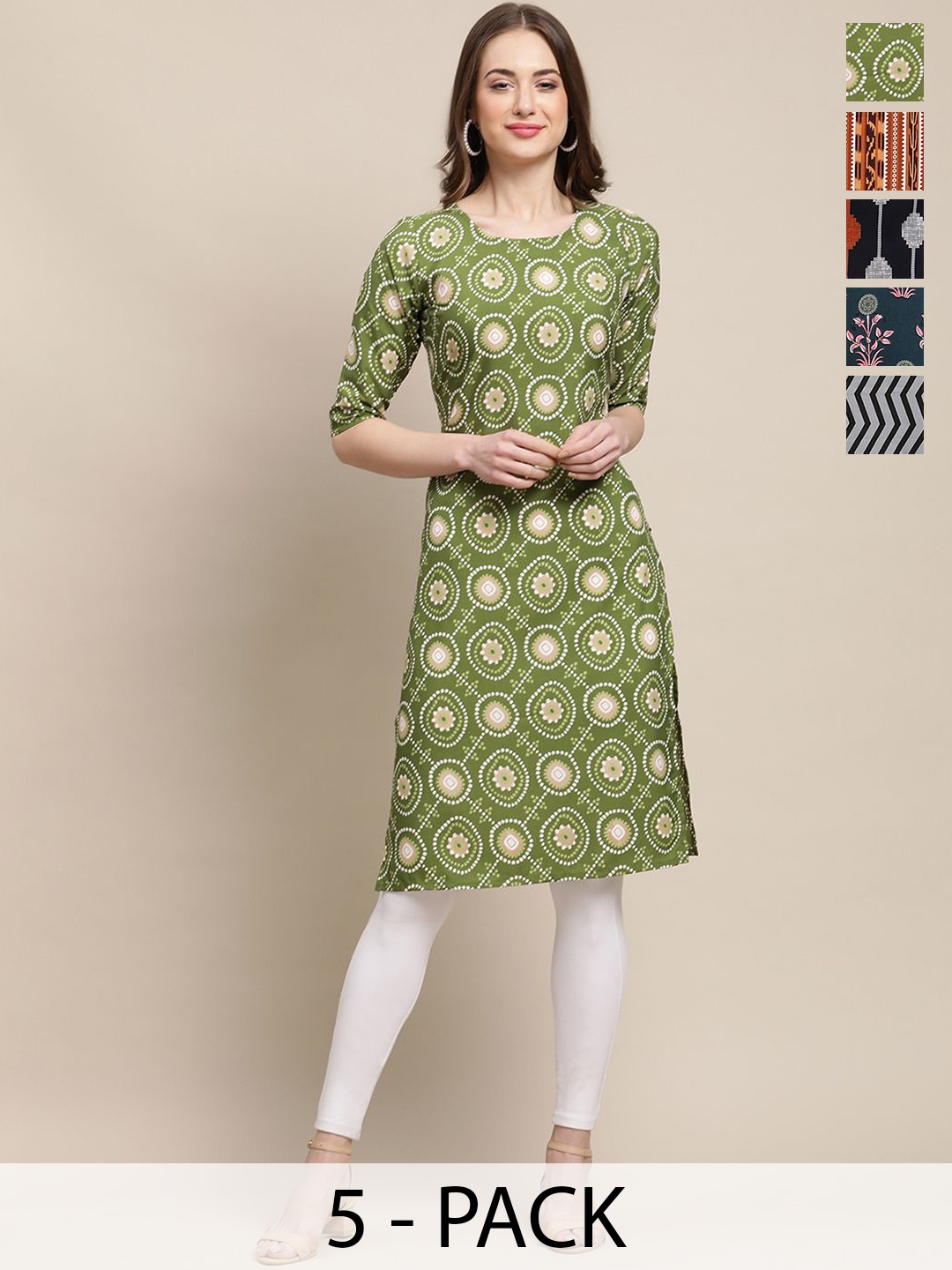 

7Threads Selection Of 5 Ethnic Motifs Printed Round Neck Crepe Straight Kurta, Green