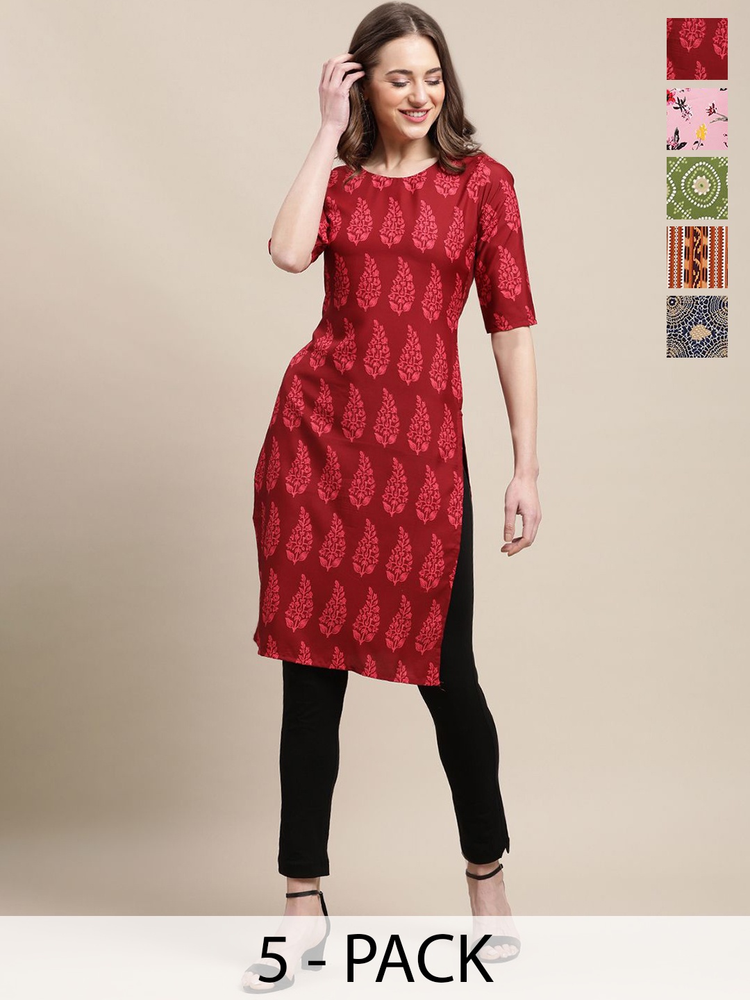 

7Threads Set Of 5 Floral Printed Round Neck Regular Sleeves Machine Weave Straight Kurta, Red
