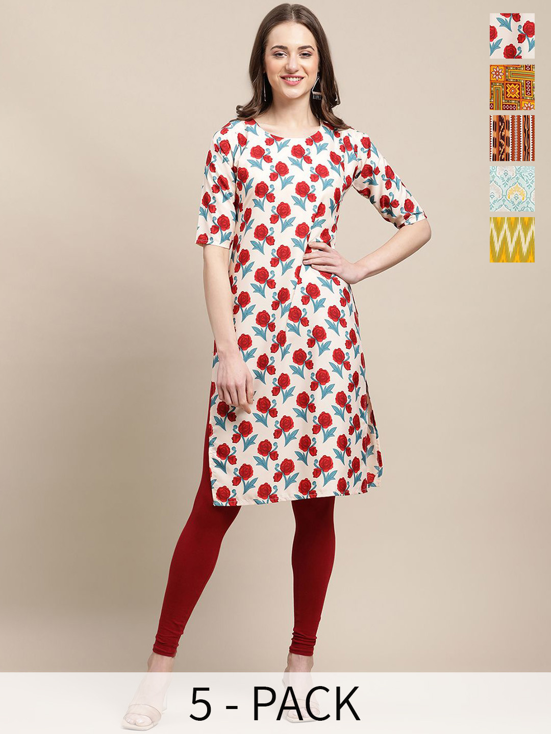 

7Threads Selection Of 5 Floral Printed Round Neck Straight Kurta, White