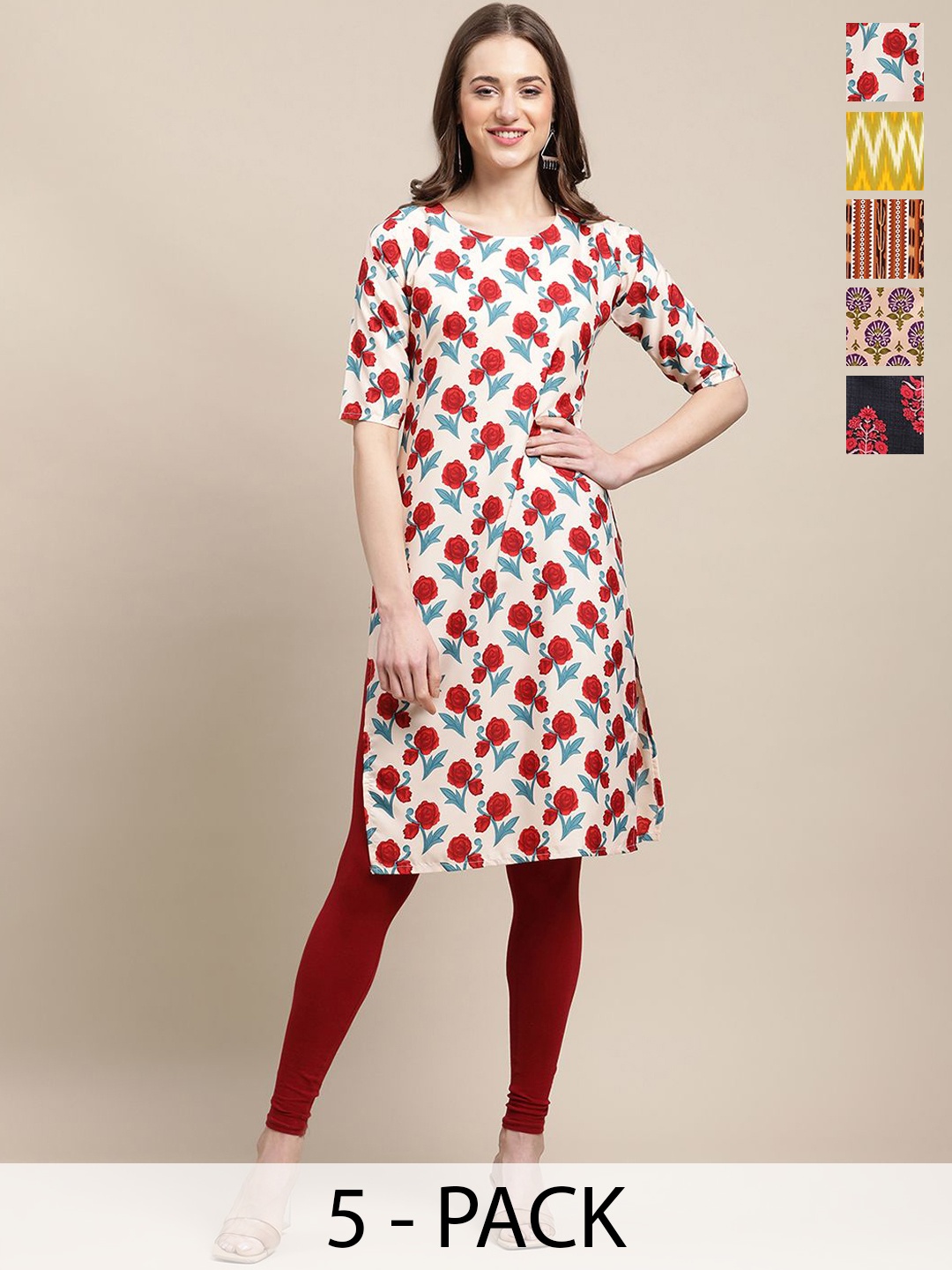 

7Threads Selection of 5 Floral Printed Crepe Straight Kurta, Red