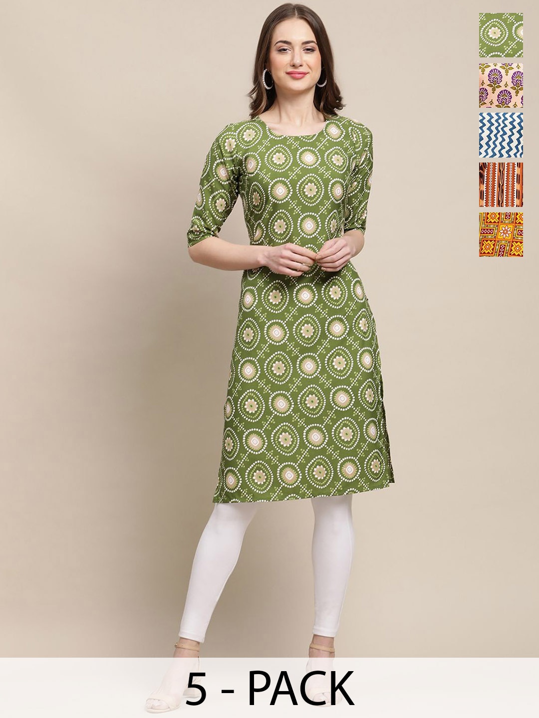

7Threads Set Of 5 Ethnic Motifs Printed Round Neck Machine Weave Straight Kurta, Green
