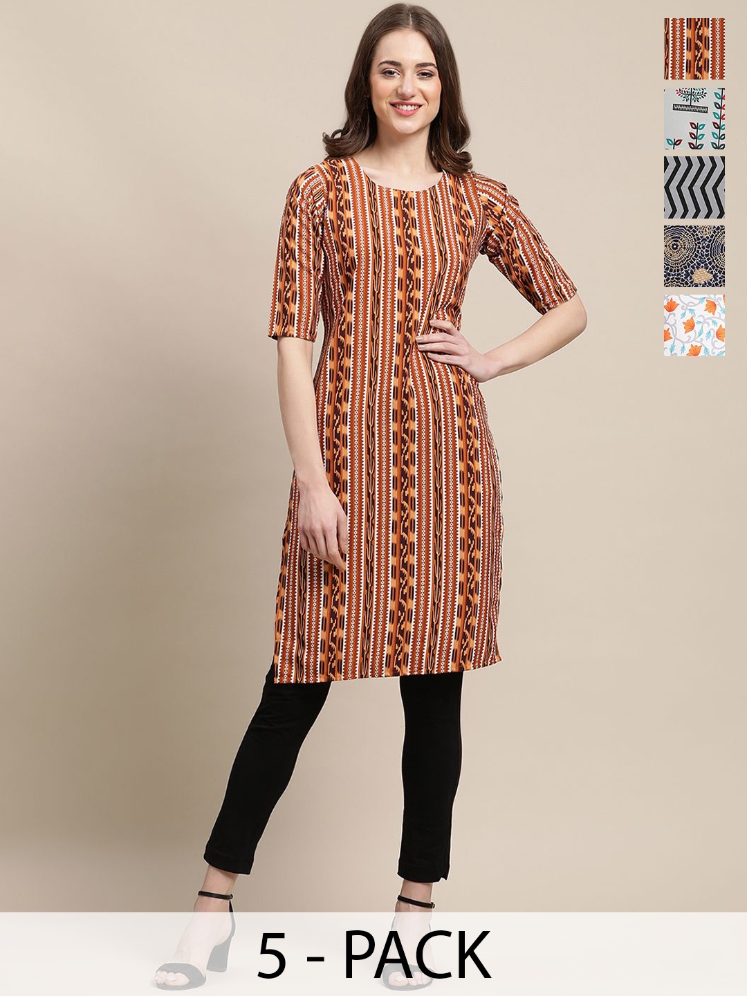 

7Threads Selection of 5 Geometric Printed Straight Kurtas, Red