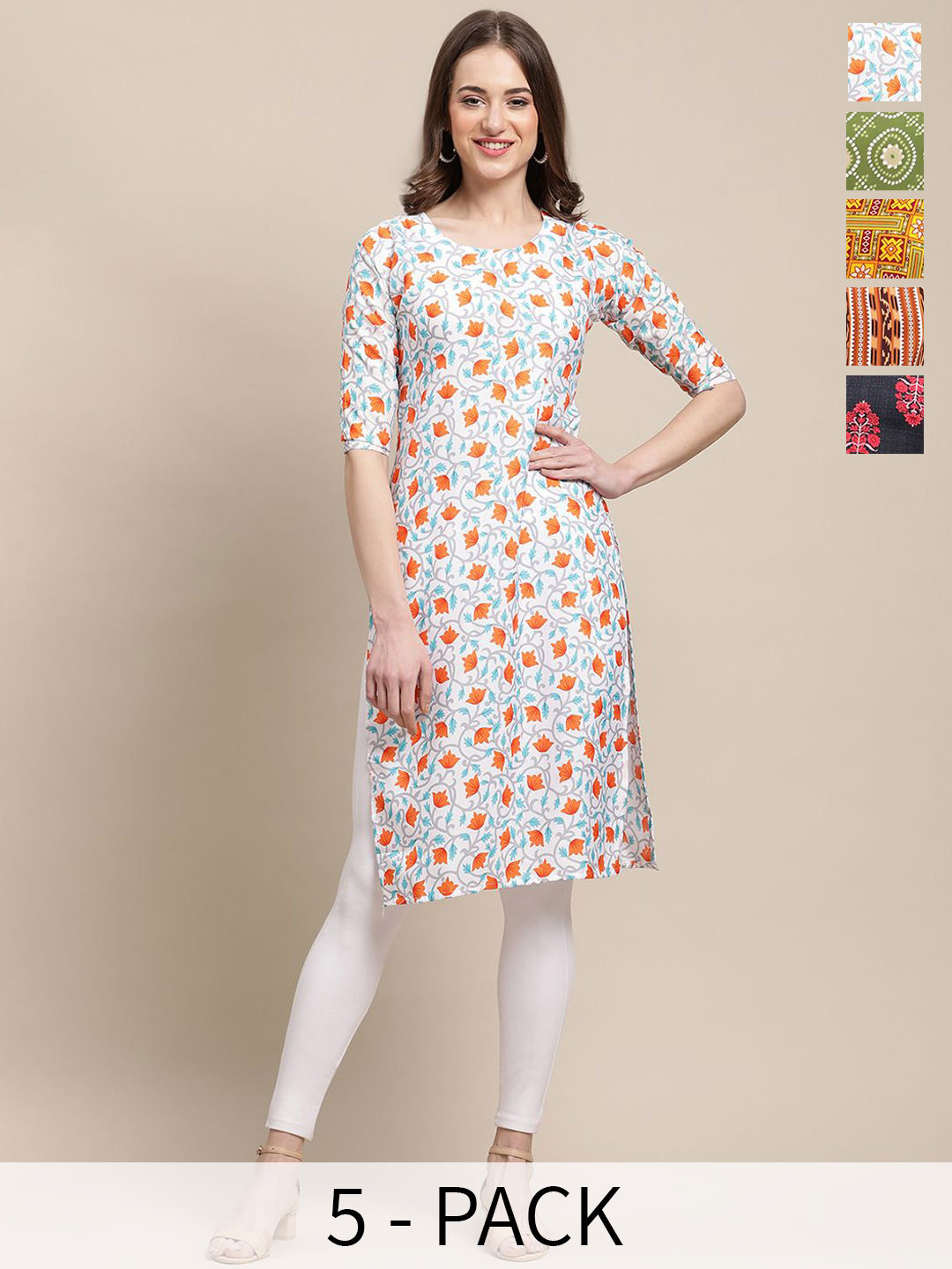 

7Threads Pack Of 5 Ethnic Motifs Printed Round Neck Straight Crepe Kurta, Blue